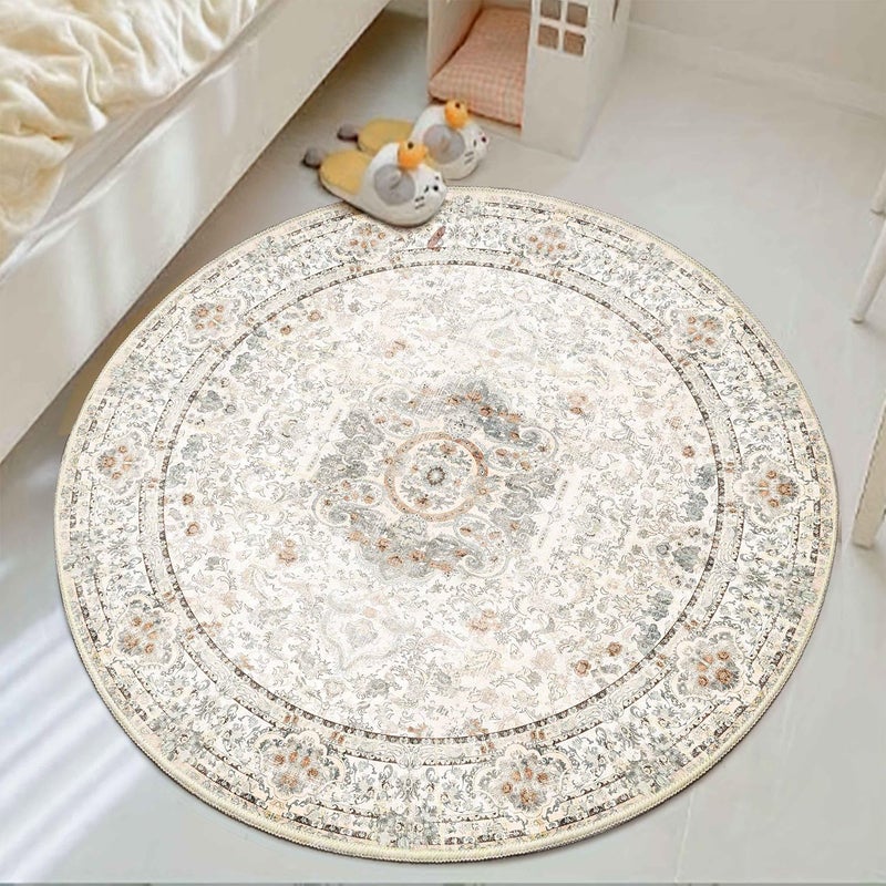 Castage Boho Round Rug 4ft Washable Circle Area Rugs for Bedroom Bathroom Entryway Beige Vintage Bohemian Distressed Oriental Floral Carpet Non Slip - Image 1