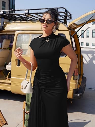 YMDUCH Women's Casual Short Sleeve Boat Neck Ruched High Split Bodycon Long Formal Dress Black - Image 3