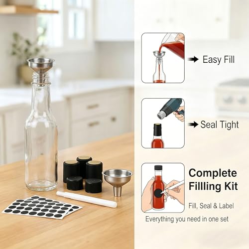 WERTIOO Hot Sauce Bottles 21-Pack 5oz Round Small Glass Bottles with Caps & Funnel - Reusable Mini Sauce Containers for Chili Oil, Vinegar, Gift Favors - Leakproof & Label-Ready - Image 2