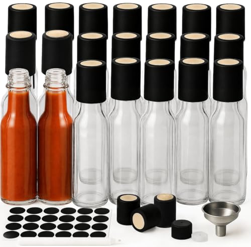 WERTIOO Hot Sauce Bottles 21-Pack 5oz Round Small Glass Bottles with Caps & Funnel - Reusable Mini Sauce Containers for Chili Oil, Vinegar, Gift Favors - Leakproof & Label-Ready - Image 1