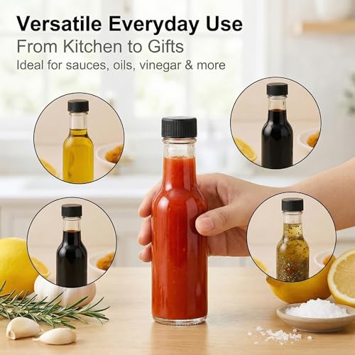 WERTIOO Hot Sauce Bottles 21-Pack 5oz Round Small Glass Bottles with Caps & Funnel - Reusable Mini Sauce Containers for Chili Oil, Vinegar, Gift Favors - Leakproof & Label-Ready - Image 4