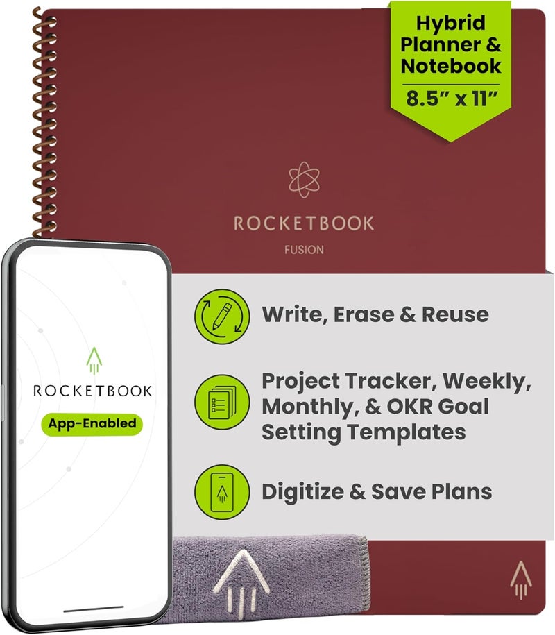 Rocketbook Planner & Notebook, Fusion : Reusable Smart Planner & Notebook | Improve Productivity with Digitally Connected Notebook Planner | Dotted, 8.5" x 11", 42 Pg, Scarlet Sky - Image 1