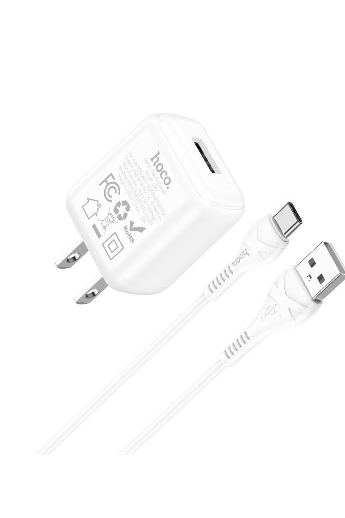 Hoco C96 Wall charger Single Port ( 5V/2.1A ) with Cable Type-C 1M , US Plug Protocols Compatible with iPhone Samsung Xiaomi Oppo Huawei - White - Image 2