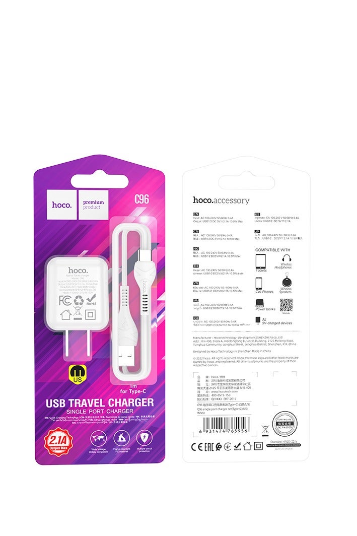 Hoco C96 Wall charger Single Port ( 5V/2.1A ) with Cable Type-C 1M , US Plug Protocols Compatible with iPhone Samsung Xiaomi Oppo Huawei - White - Image 4