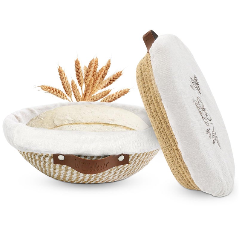 Nikkar Banneton Bread Proofing Basket Set of 2, 9Inch Round 10Inch Oval Cotton Rope Sourdough Bread Baking Supplies Proofing Bowls with Liners & Covers Gifts for Bakers Women Wife Mom - Image 1