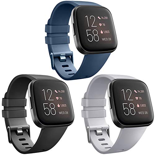 AK 3 Pack Soft TPU Bands Compatible with Fitbit Versa 2, Replacement Wristband Sports Waterproof Strap for Fitbit Versa Smart Watch Women Men (Small, Black/Navy Blue/Gray)