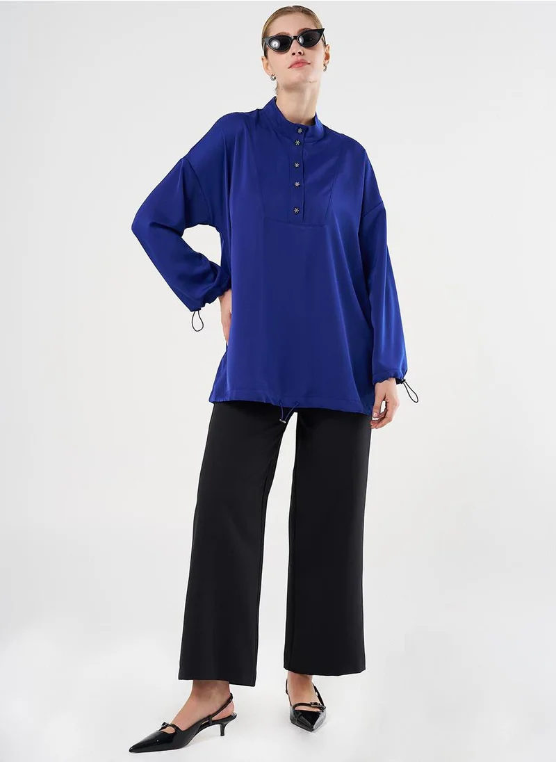 Kayra Shiny Buttoned Stand-Up Collar Tunic Cobalt Blue