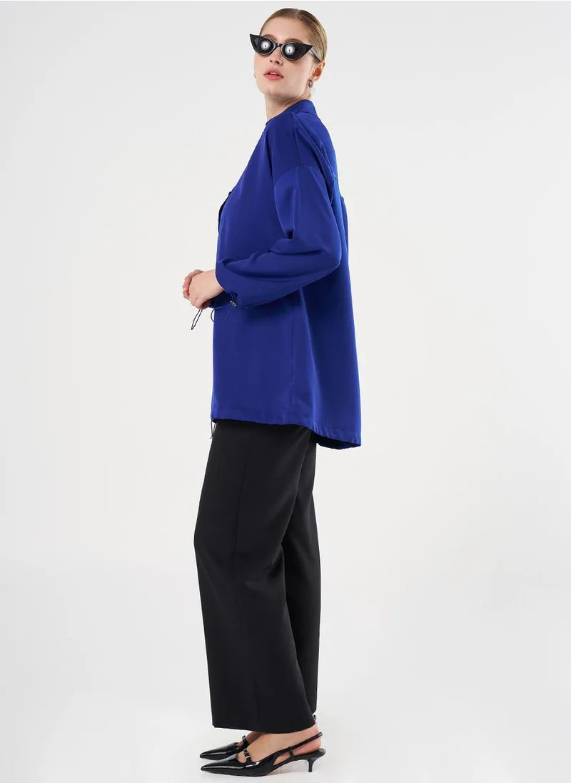Kayra Shiny Buttoned Stand-Up Collar Tunic Cobalt Blue