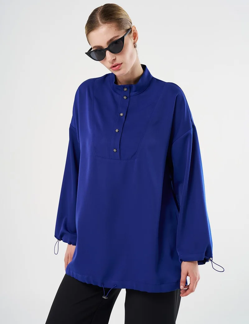 Kayra Shiny Buttoned Stand-Up Collar Tunic Cobalt Blue