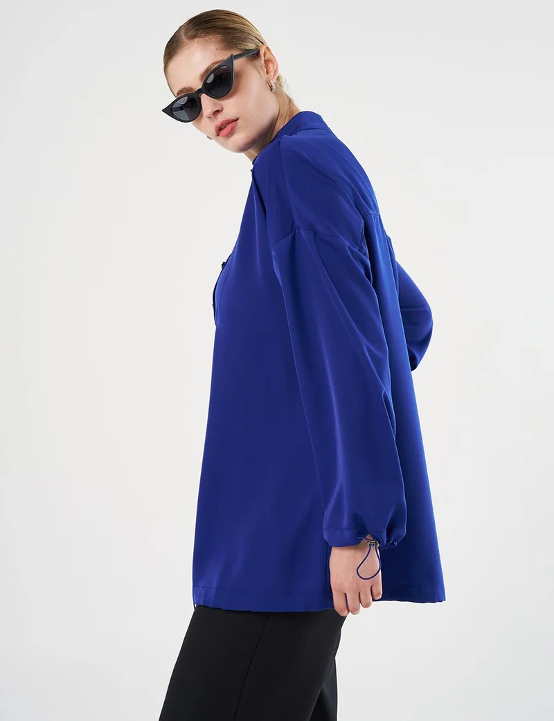 Kayra Shiny Buttoned Stand-Up Collar Tunic Cobalt Blue