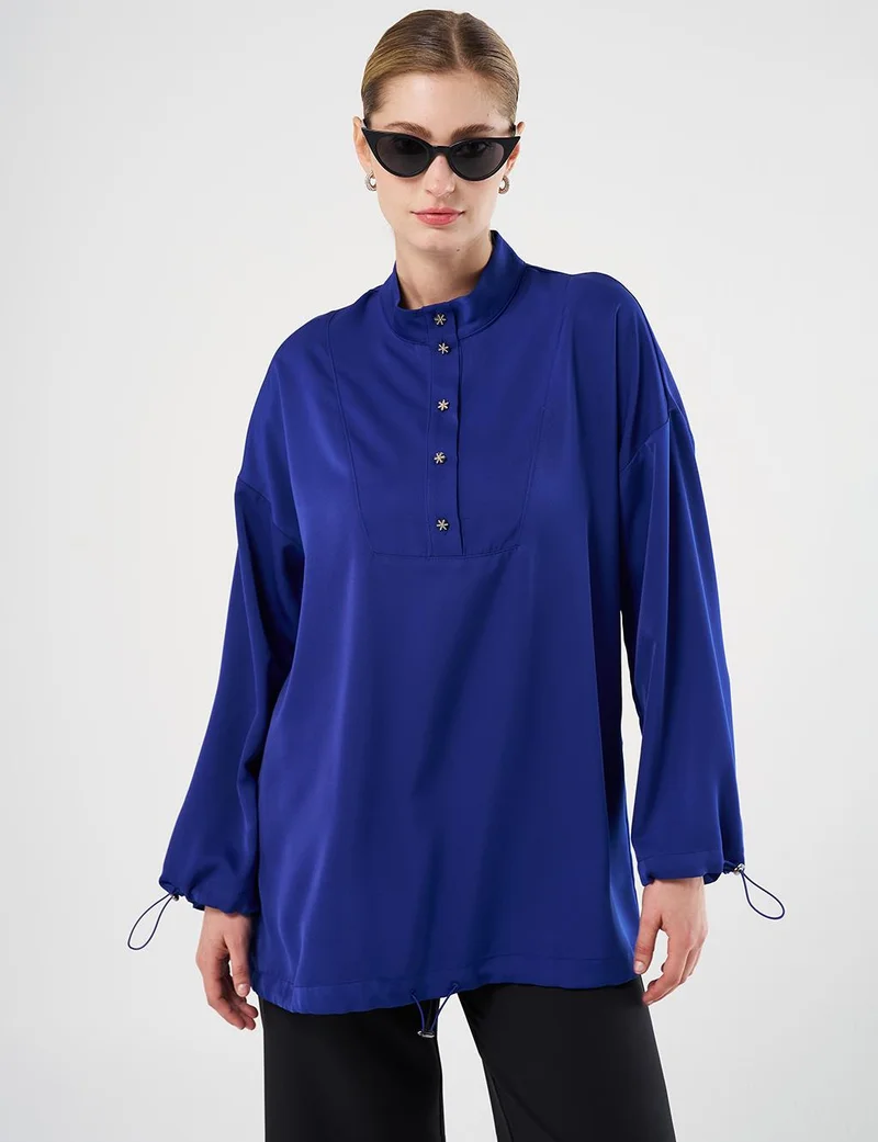 Kayra Shiny Buttoned Stand-Up Collar Tunic Cobalt Blue