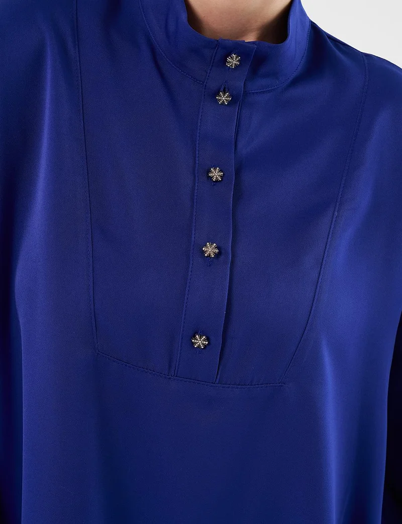 Kayra Shiny Buttoned Stand-Up Collar Tunic Cobalt Blue