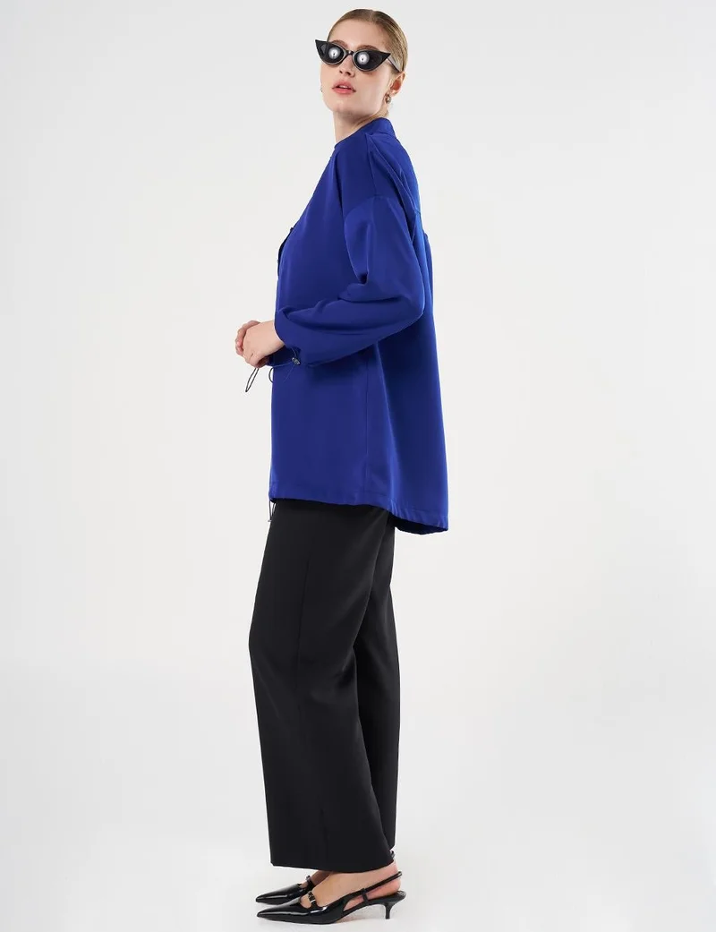 Kayra Shiny Buttoned Stand-Up Collar Tunic Cobalt Blue