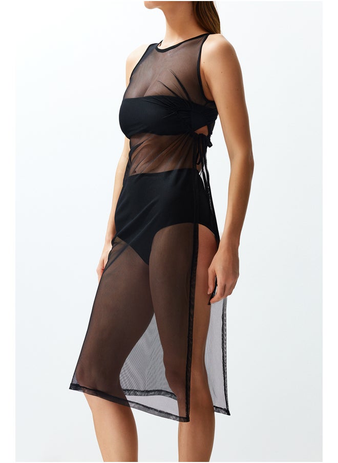 trendyol - فستان شاطئ ماكسي محبوك بفتحات/شبكة باللون الأسود TBESS24EL00077 - Image 1