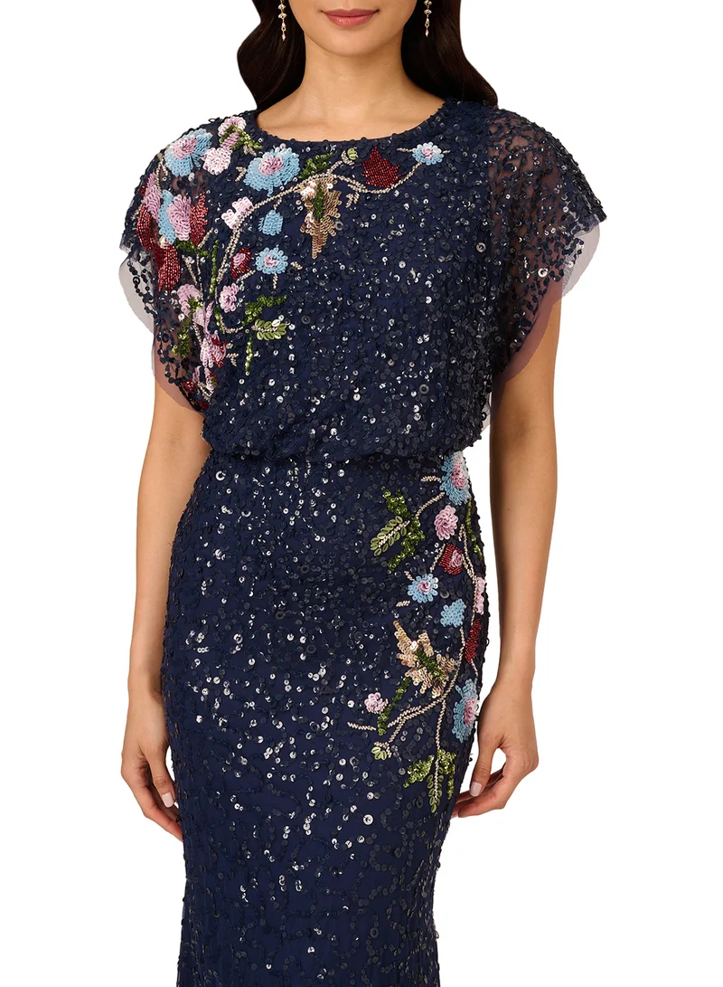 Adrianna Papell Floral Sequin Gown Dress