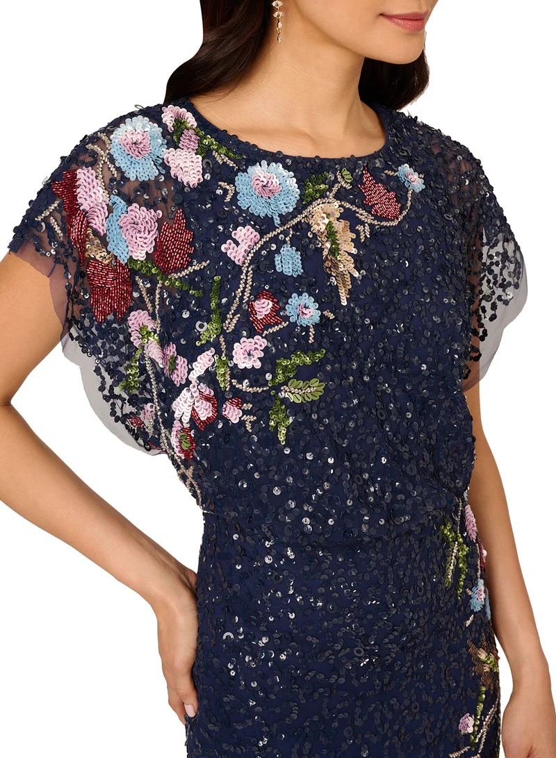 Adrianna Papell Floral Sequin Gown Dress