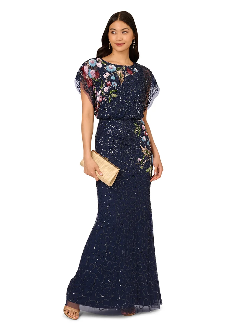 Adrianna Papell Floral Sequin Gown Dress