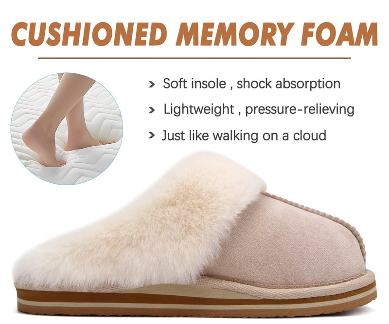 KuaiLu Womens Slippers, Fluff Dual Memory Foam Ladies Cozy Arch Support Warm Scuff Slippers Slip on Comfy Winter House Shoes with Non-Slip Indoor Outdoor Hard Sole Apricot 8 - Image 3