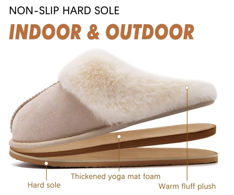 KuaiLu Womens Slippers, Fluff Dual Memory Foam Ladies Cozy Arch Support Warm Scuff Slippers Slip on Comfy Winter House Shoes with Non-Slip Indoor Outdoor Hard Sole Apricot 8 - Image 5