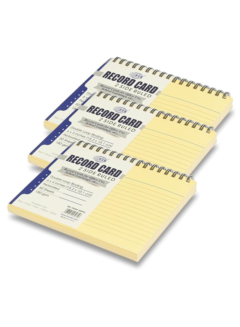 FIS® Ruled Record Cards, Size:6"x4" Inches (152x102mm), Double Loop Spiral Binding, Two Sides Single Ruled, 180gsm, Perforated, 50 Sheets Per Pad, Packet of 3 Pieces, Yellow Color-FSIC64-180SPYL-3 - Image 1