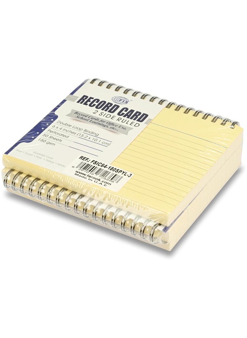 FIS® Ruled Record Cards, Size:6"x4" Inches (152x102mm), Double Loop Spiral Binding, Two Sides Single Ruled, 180gsm, Perforated, 50 Sheets Per Pad, Packet of 3 Pieces, Yellow Color-FSIC64-180SPYL-3 - Image 4