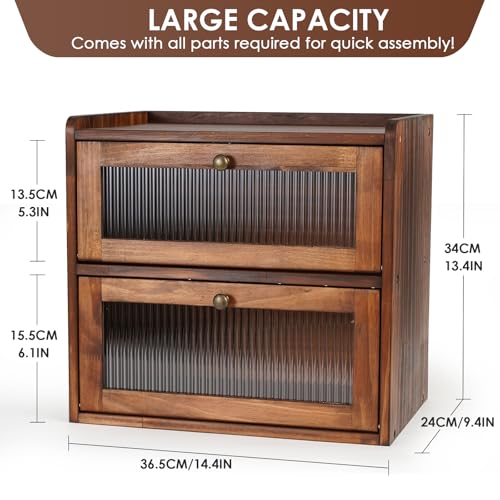 Sunhoo Bread Box for Kitchen Countertop Wooden Bread Storage Container Bin 2 Layer Breadbox Holder Large Capacity Keeper Vintage Farmhouse Food Organizer Pantry Shelf Acrylic Window (Brown) - Image 4