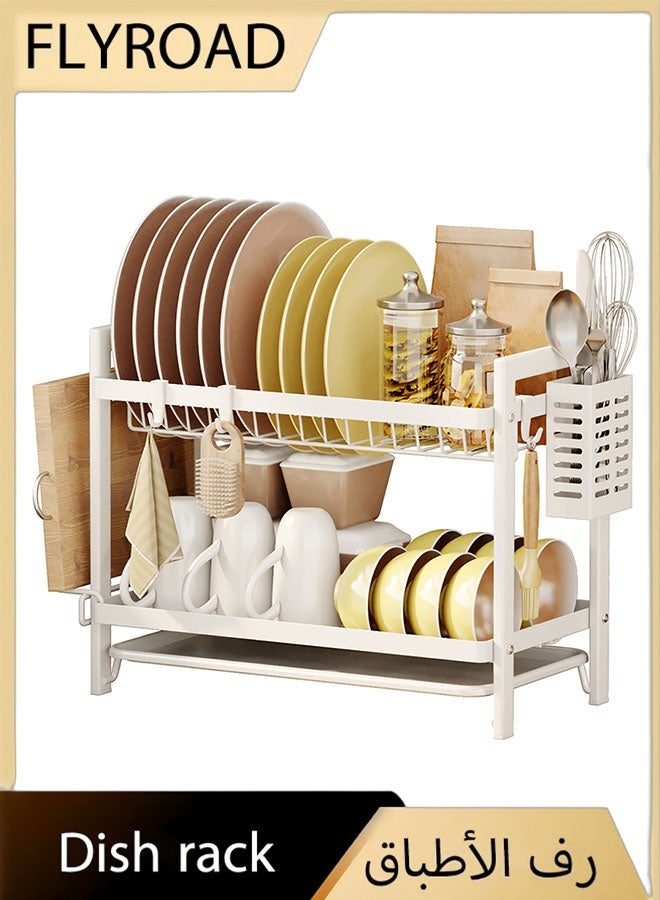 فلاي رود رف تجفيف أطباق أبيض من طبقتين للمطبخ، أبيض - Image 1