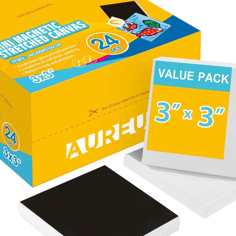 AUREUO Mini Magnetic Stretched Canvas 3x3 Inch / 24 Pack - Small Square Wrapped Canvas Board with Magnet Back, Art Gift Set Tiny Framed Bulk Pack Canvases for Christmas Painting & Craft - Image 1