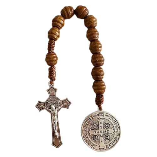 Bovemee Saint Benedict Medal Prayer Pocket Rosary Catholic Brown Wood Beads with Medalla de san benitol and Crucifix, 9 Inch(Silver) - Image 1