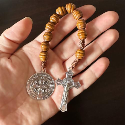 Bovemee Saint Benedict Medal Prayer Pocket Rosary Catholic Brown Wood Beads with Medalla de san benitol and Crucifix, 9 Inch(Silver) - Image 3