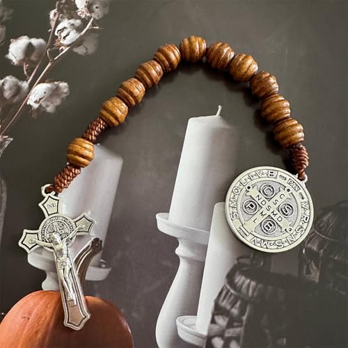 Bovemee Saint Benedict Medal Prayer Pocket Rosary Catholic Brown Wood Beads with Medalla de san benitol and Crucifix, 9 Inch(Silver) - Image 5