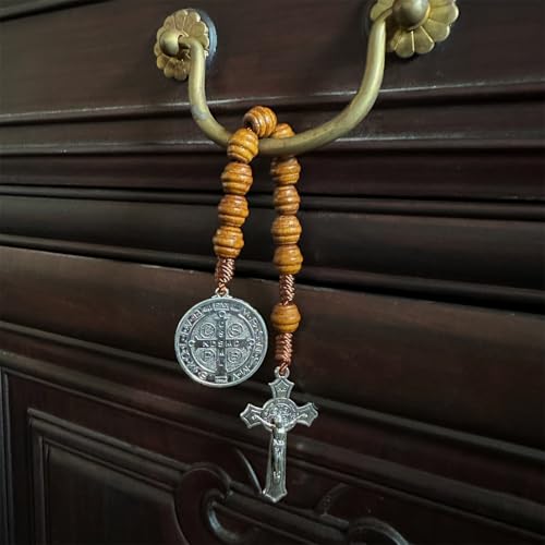 Bovemee Saint Benedict Medal Prayer Pocket Rosary Catholic Brown Wood Beads with Medalla de san benitol and Crucifix, 9 Inch(Silver) - Image 2