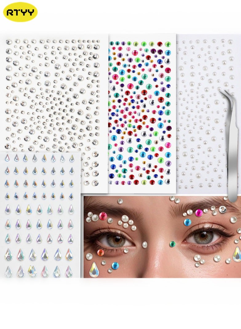 RTYY 4 أوراق من أحجار الراين اللاصقة للوجه وأحجار الراين اللاصقة للأظافر وأحجار الراين للشعر واللؤلؤ والإكسسوارات وأحجار العين والمجوهرات لمهرجان المكياج، وملصقات أحجار الراين واللؤلؤ للوجه والشعر والعين - Image 1