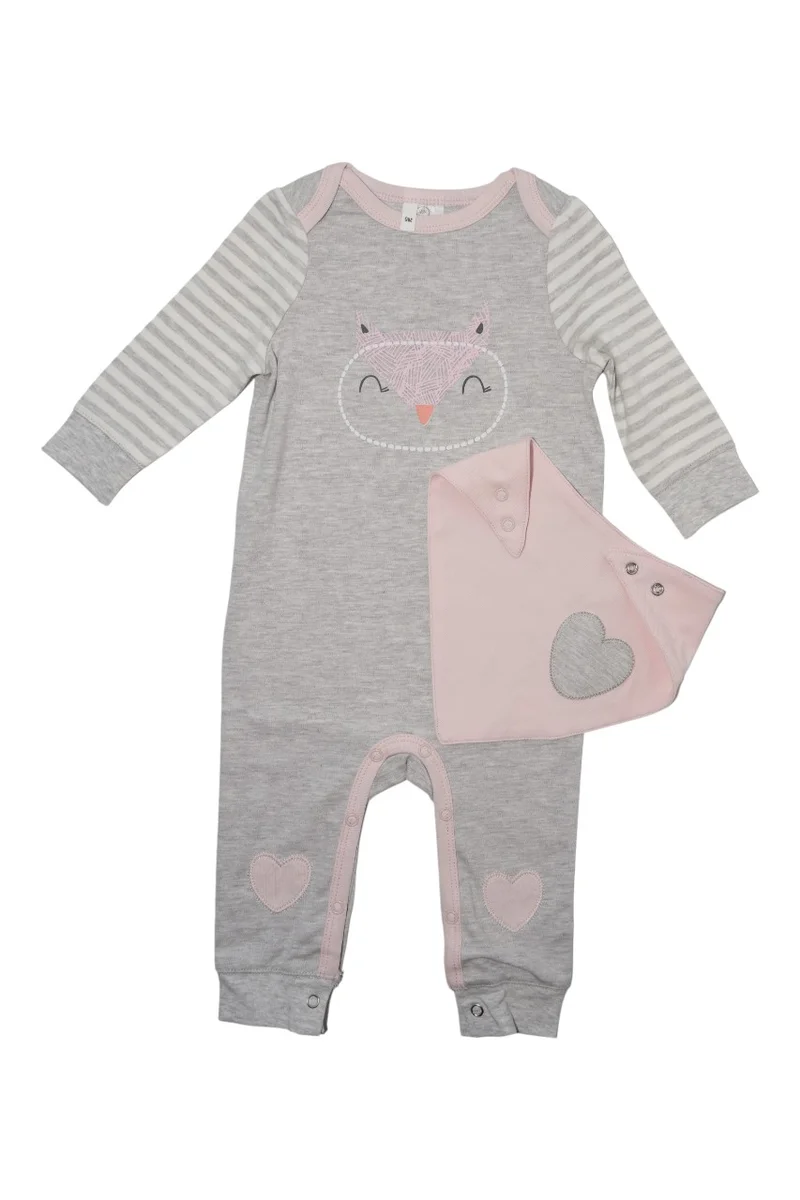Bambimici Bambimici -  2-Piece Baby Owl Cozy Romper Set – Grey & Pink
