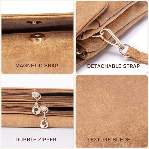 Toptime Small Crossbody Bags for Women, Suede Leather Cell Phone Purse with Adjustable Shoulder Strap, Small Phone Bag with Dubble Zipper Magnetic Closure, Vintage Brown Shoulder Bag for Travel Dating - Image 5
