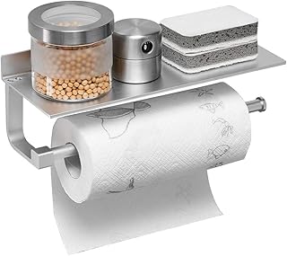 BESy Adhesive Paper Towel Holder Wall Mounted for Kitchen 13 in, Bathroom Tissue Roll Hanger with Storage Shelf, Space - Image 1