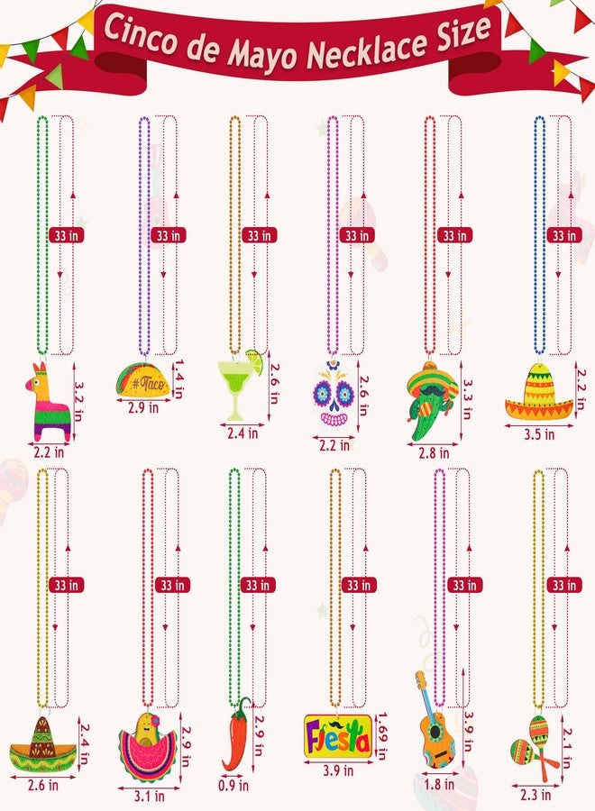 EOBOH Cinco de Mayo Party Favors, 12PCS Fiesta Necklace Bead Favors, Mexican Metallic 12 Kinds of Cinco de Mayo Necklace Decorations, Fiesta Cactus Maracas Accessories for Mexican Carnival Party Supplies - Image 2