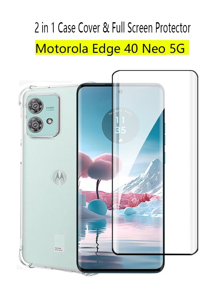 2 in 1 Motorola Edge 40 Neo 5G Phone Case Cover & Screen Protector - Shockproof Clear Slim TPU Protective Phone Cover & Full Coverage Delicate Touch Tempered Glass Screen Protector for Motorola Edge 40 Neo 5G - Image 1