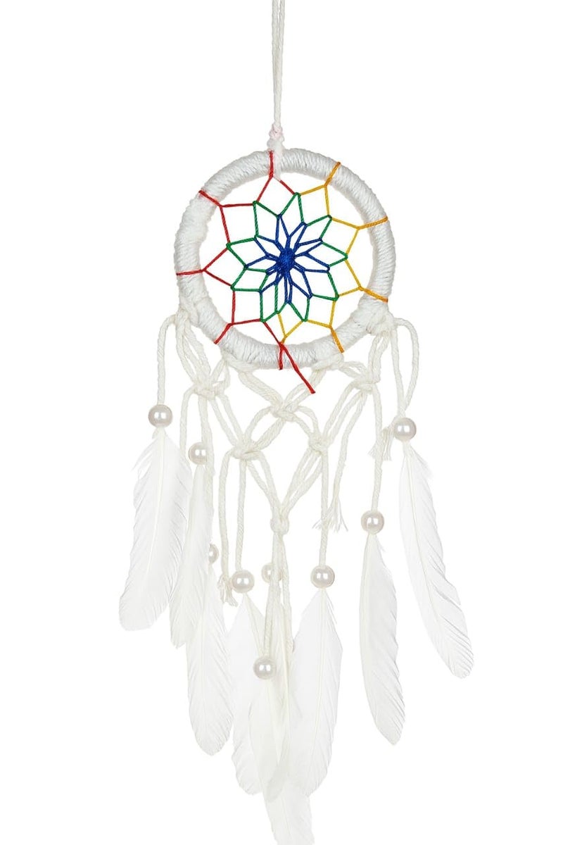 ThincAmaxe Handmade Dream Catcher Wall Hanging– Boho Wall Hanging Decor with Feathers & Pearls – Spiritual Protection Ornament for Bedroom, Nursery, or Living Room (White with Rainbow) - Image 2