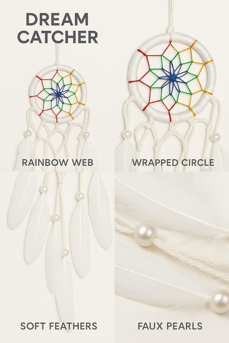 ThincAmaxe Handmade Dream Catcher Wall Hanging– Boho Wall Hanging Decor with Feathers & Pearls – Spiritual Protection Ornament for Bedroom, Nursery, or Living Room (White with Rainbow) - Image 5