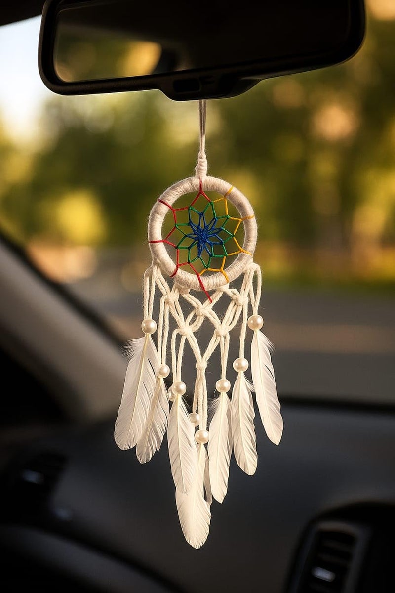 ThincAmaxe Handmade Dream Catcher Wall Hanging– Boho Wall Hanging Decor with Feathers & Pearls – Spiritual Protection Ornament for Bedroom, Nursery, or Living Room (White with Rainbow) - Image 3