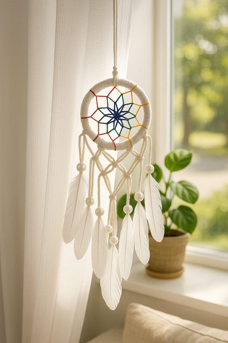 ThincAmaxe Handmade Dream Catcher Wall Hanging– Boho Wall Hanging Decor with Feathers & Pearls – Spiritual Protection Ornament for Bedroom, Nursery, or Living Room (White with Rainbow) - Image 1
