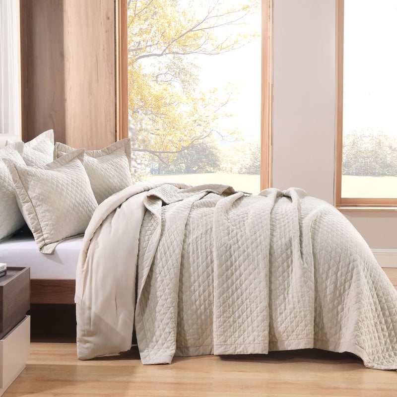 Grassix Linen Quilt Set King Size 3-Piece, 100% Linen Front & Cotton Back, Prewashed Diamond Stitch Bedspread with 2 Shams, Lightweight Breathable Quilt for Hot Sleepers, Modern Farmhouse Bedding - Image 1