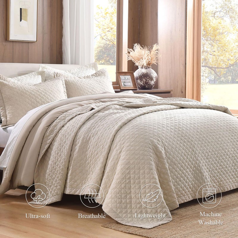 Grassix Linen Quilt Set King Size 3-Piece, 100% Linen Front & Cotton Back, Prewashed Diamond Stitch Bedspread with 2 Shams, Lightweight Breathable Quilt for Hot Sleepers, Modern Farmhouse Bedding - Image 2