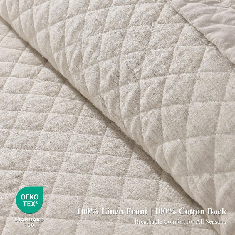 Grassix Linen Quilt Set King Size 3-Piece, 100% Linen Front & Cotton Back, Prewashed Diamond Stitch Bedspread with 2 Shams, Lightweight Breathable Quilt for Hot Sleepers, Modern Farmhouse Bedding - Image 4
