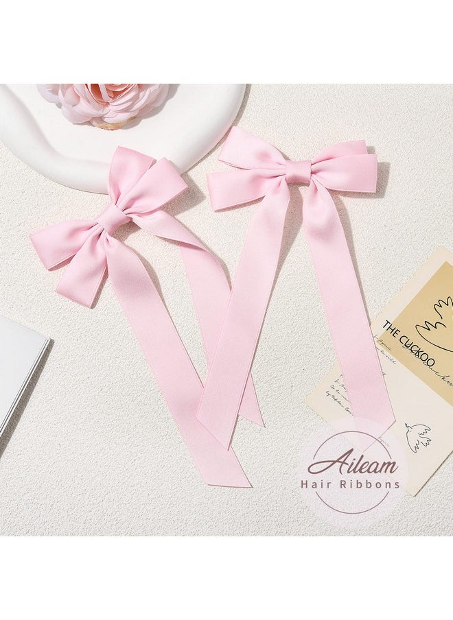 Aileam - Silky Satin Hair Bows and Ribbons: 2PCS Pink Alligator Clips for Ponytail Holders, Hair Accessories for Women, Girls, Toddlers, and Teens - Image 1