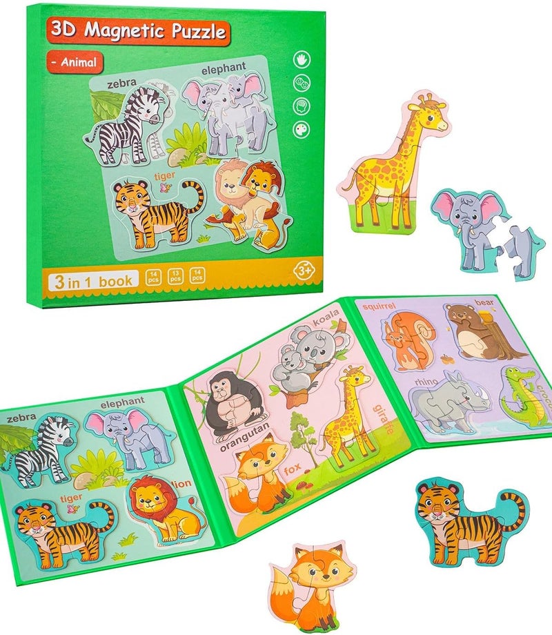 Excefore Magnetic Puzzles for Toddlers, Travel Puzzles for Kids Ages 3-5, Animal Activities Toy Wooden Jigsaw Puzzles Book for Boys & Girls 2-4, Learning Magnet Gift for Road Trip (Animal) - Image 1