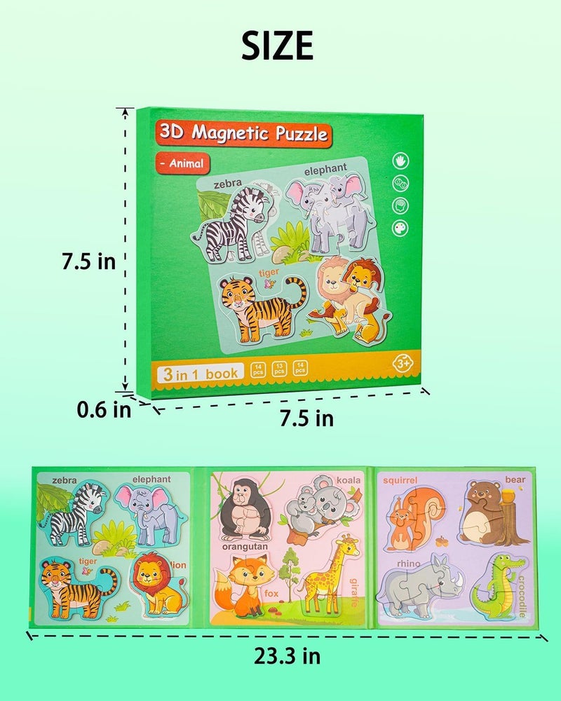Excefore Magnetic Puzzles for Toddlers, Travel Puzzles for Kids Ages 3-5, Animal Activities Toy Wooden Jigsaw Puzzles Book for Boys & Girls 2-4, Learning Magnet Gift for Road Trip (Animal) - Image 3
