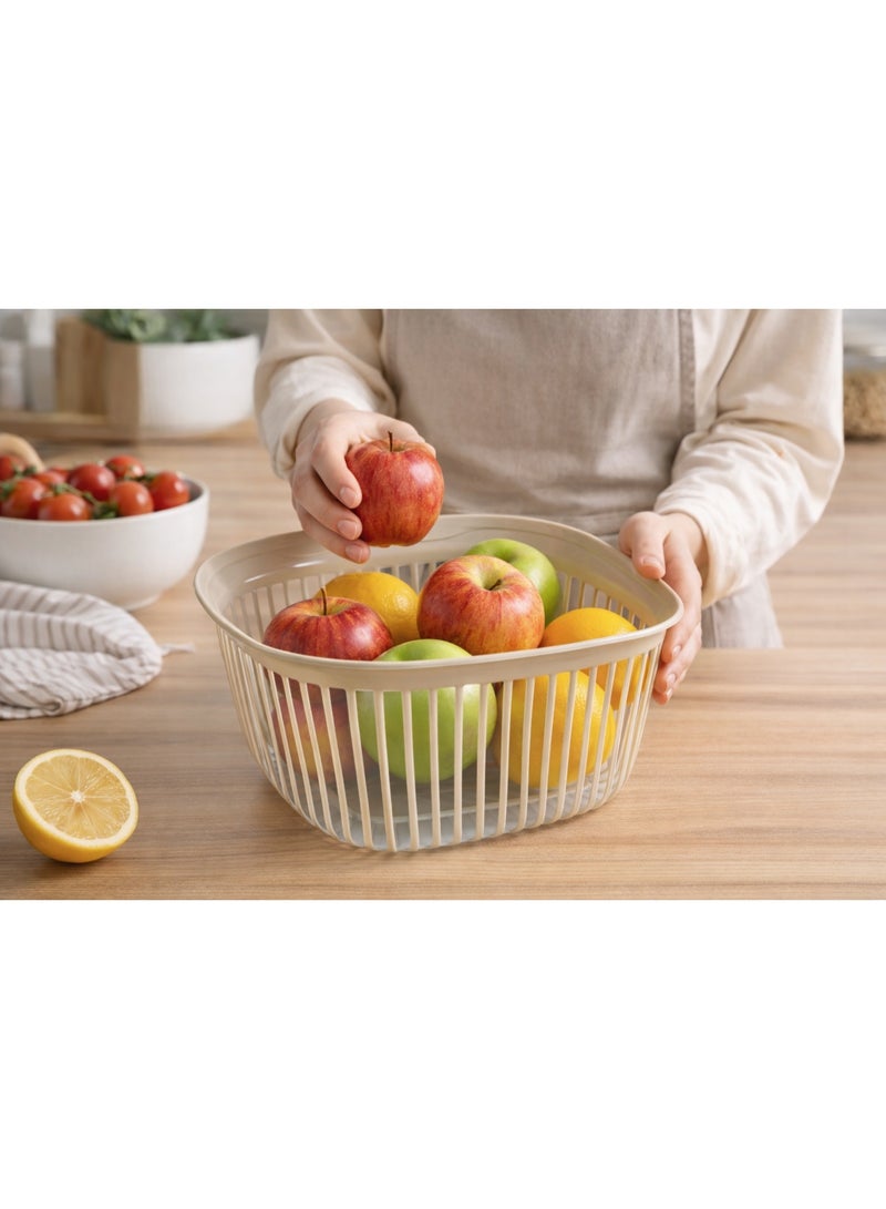 1.5 Liter Square Plastic Fruit Basket and Vegetable Strainer Bowl with Slotted Design - Beige - Image 1