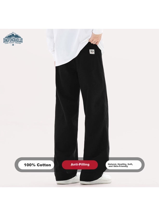Dingfengbaoluo Pure Cotton Casual Pants American Style Spring Loose Wide Leg Draped Straight Long Pants Dra26 Black L - Image 1